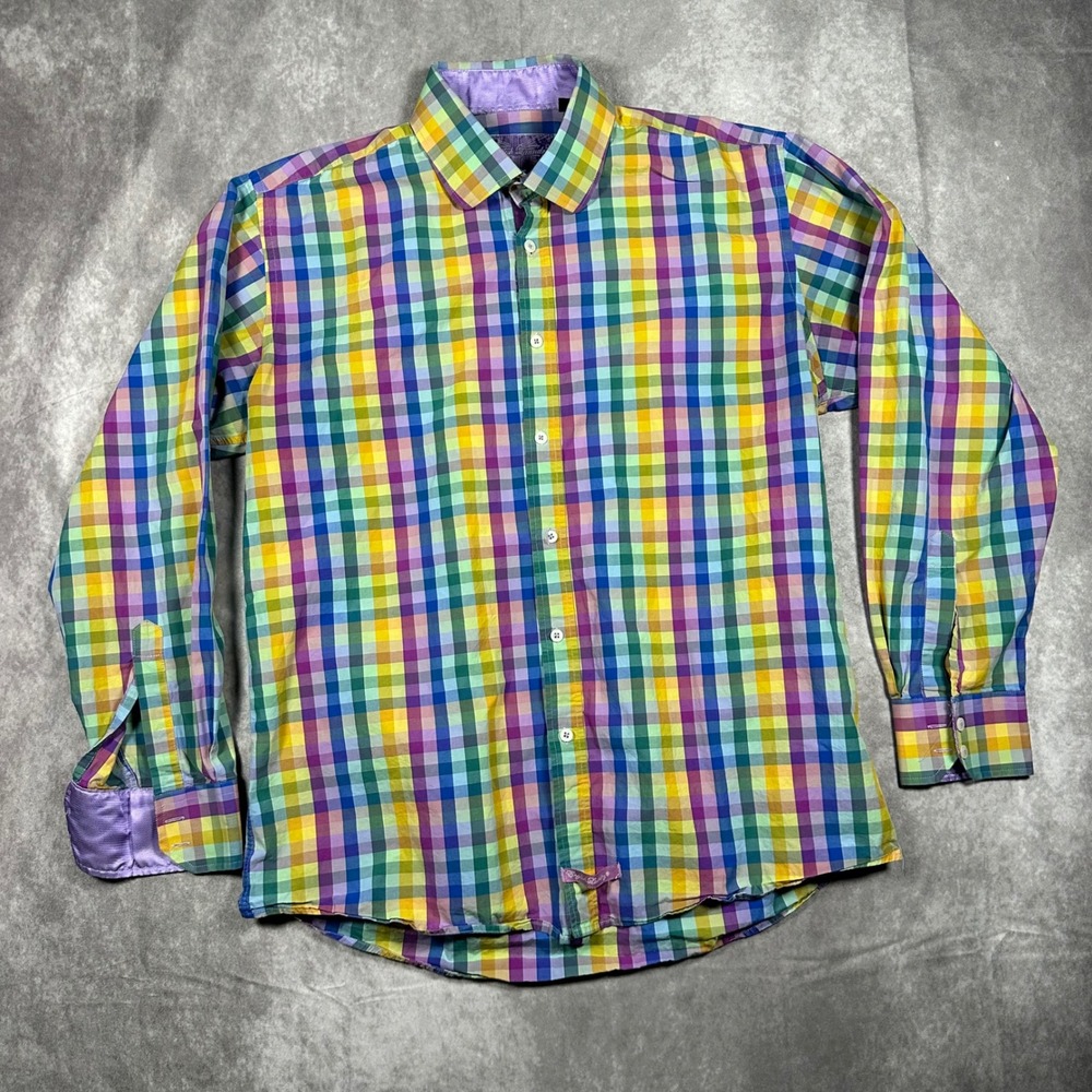 English Laundry Rainbow Gingham Plaid Button Up Shirt Mens 17 36/37 XL Preppy